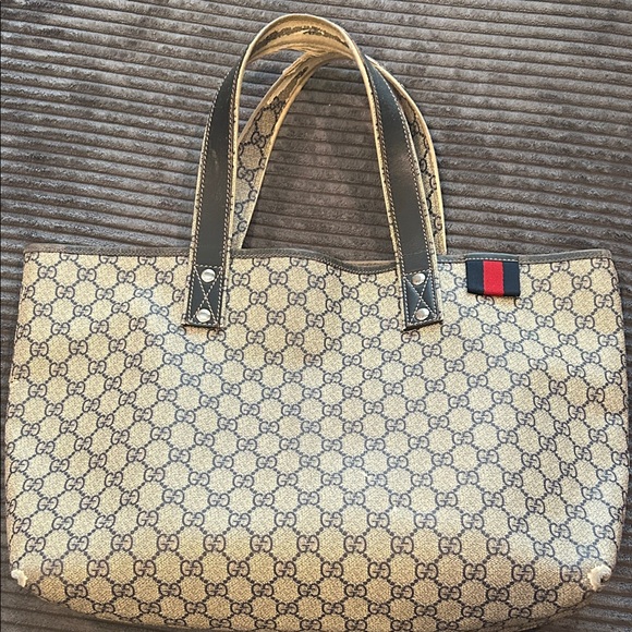 Gucci Blue Monogram Canvas Tote With Red/Blue Web Accent - Picture 16 of 16